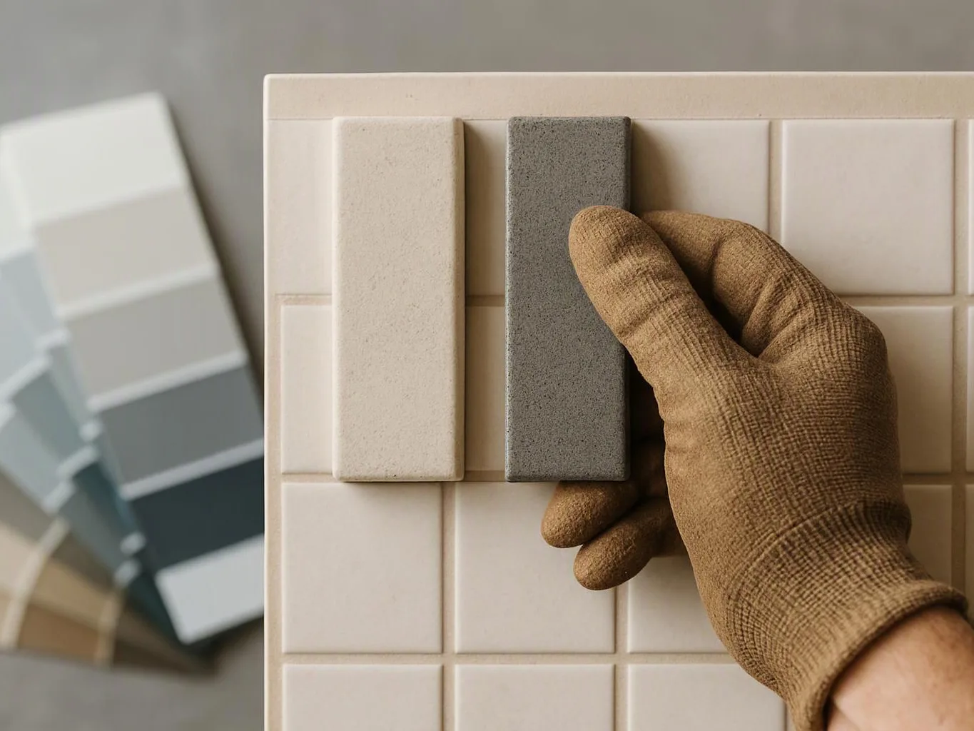 A gloved hand holds two sample tiles against a beige tiled board, with a blurred color swatch fan in the background