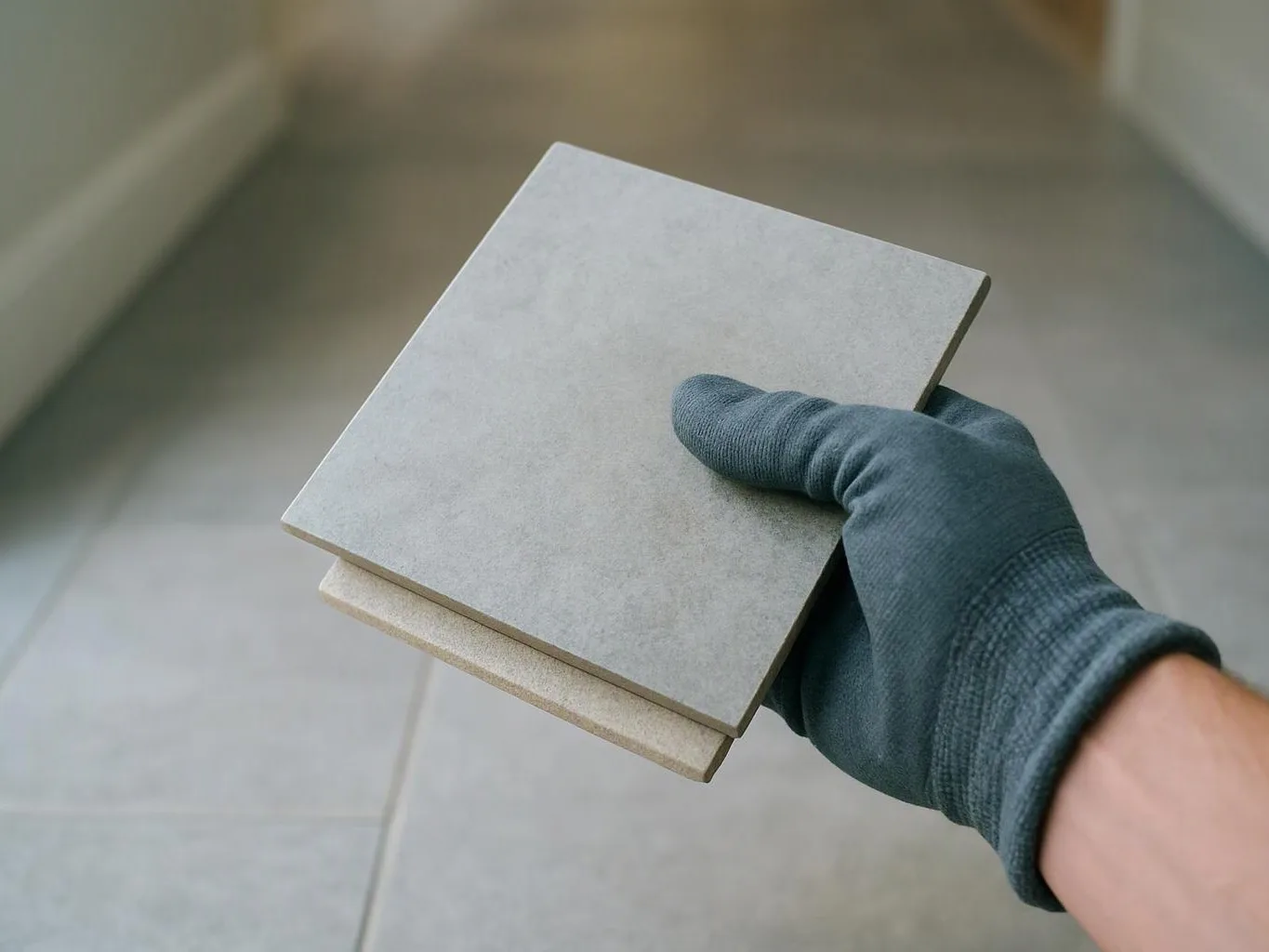A gloved hand holds two square gray tiles over a tiled floor