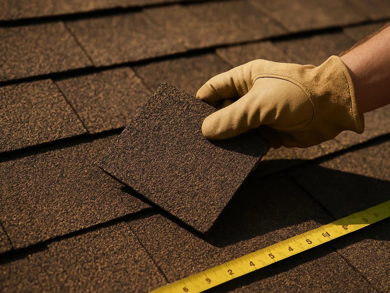 A gloved hand lifts a roof shingle beside stacked shingles and a yellow measuring tape