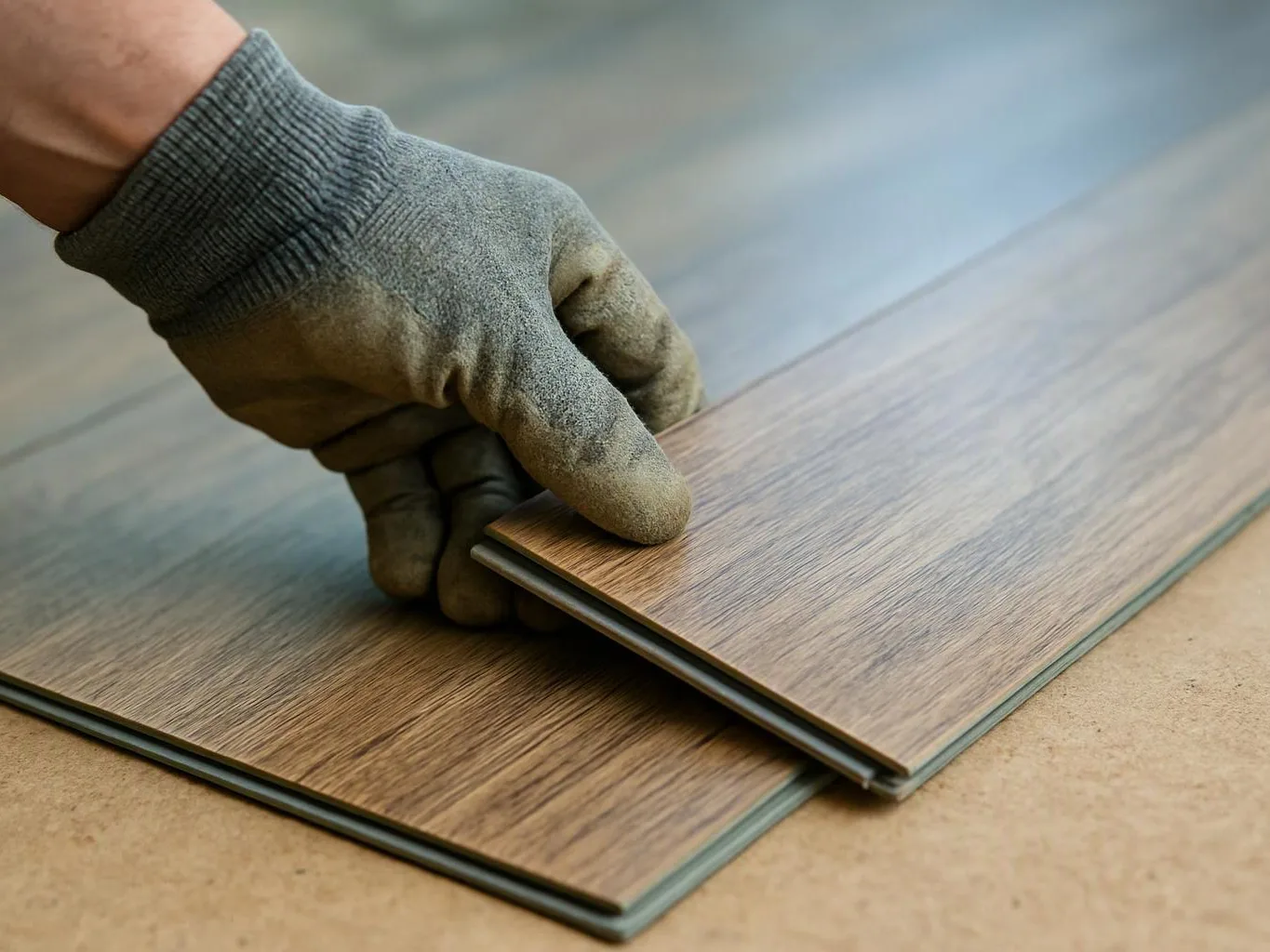 A gloved hand lifts a wood-look flooring plank beside another plank on a flat surface