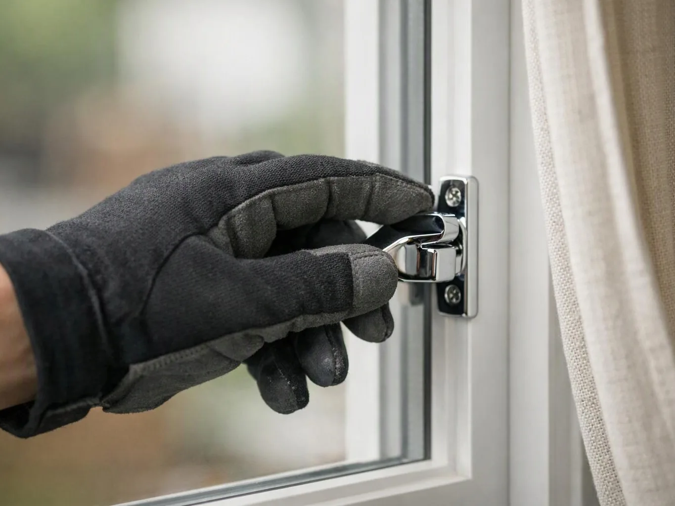 Gloved hand turns a shiny window latch beside a sheer curtain