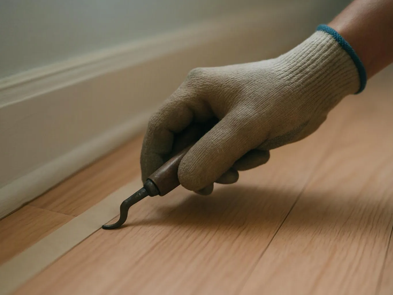 A gloved hand uses a small hooked tool to lift tape from a wooden floor near a baseboard