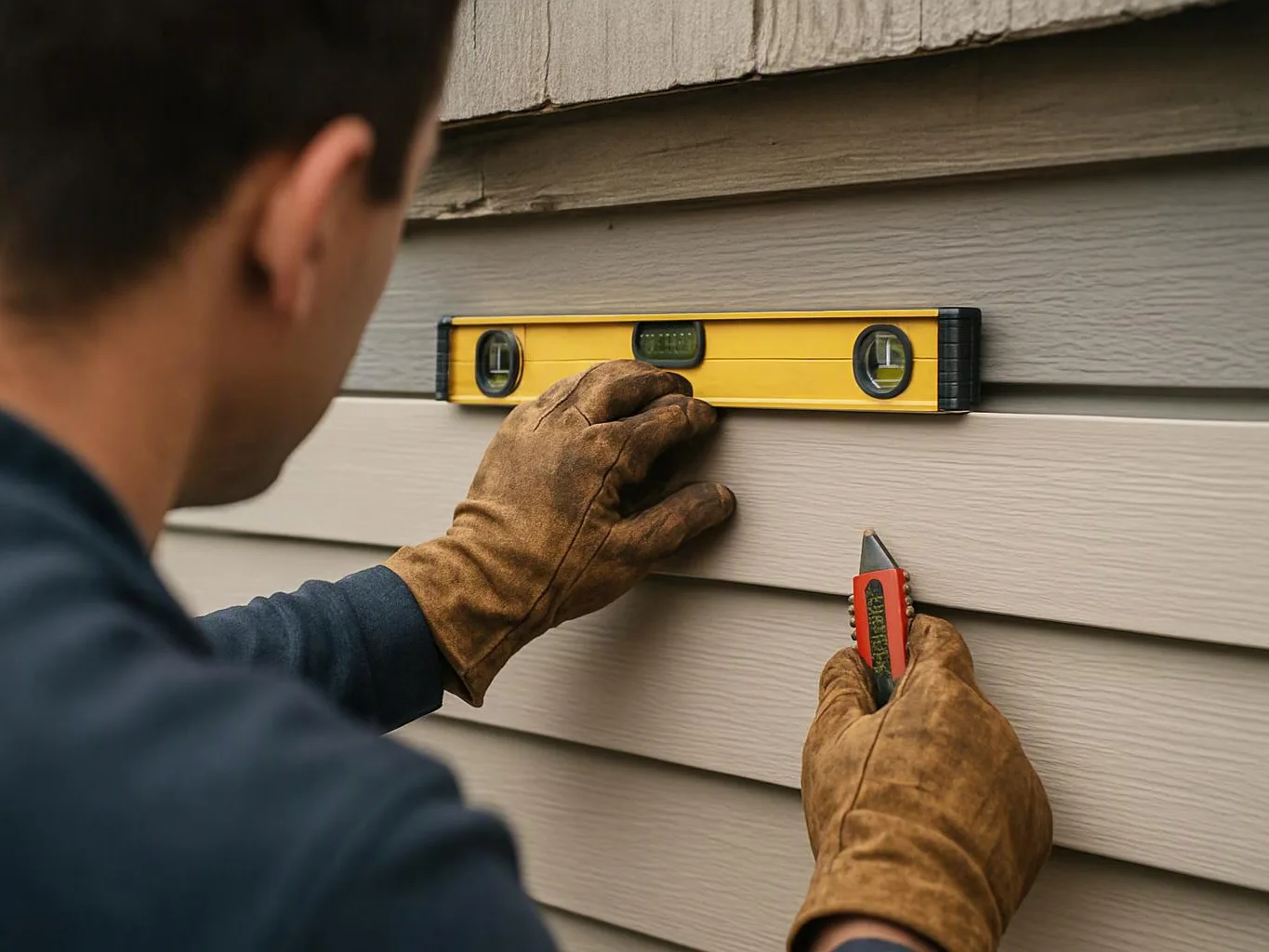 A gloved worker measures siding with a level and holds a utility knife against a house wall