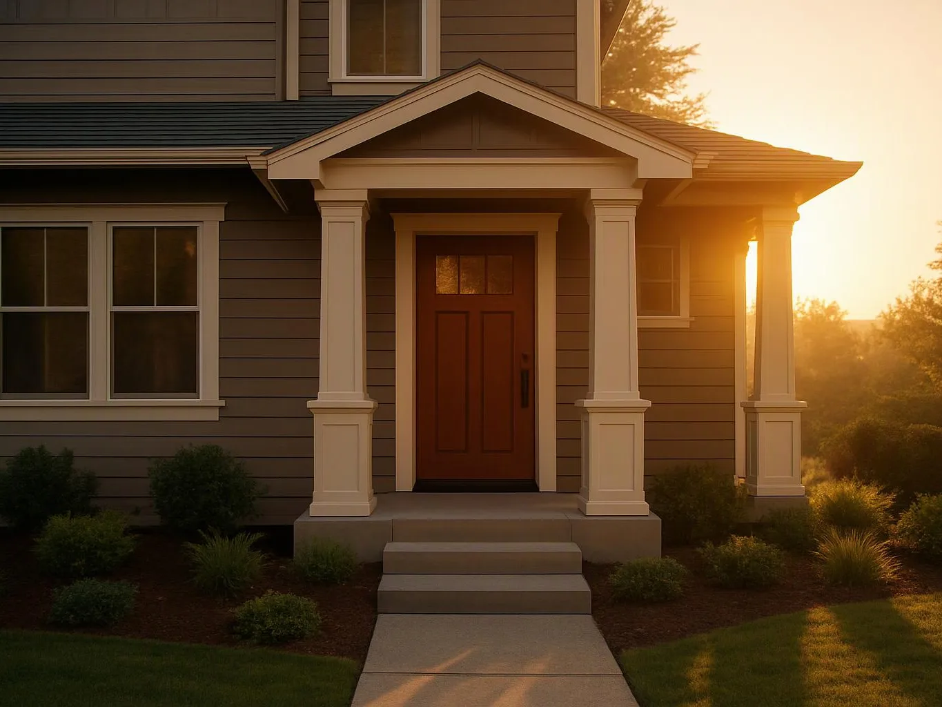 A gray house front porch with a wooden door and steps glows in warm sunset light