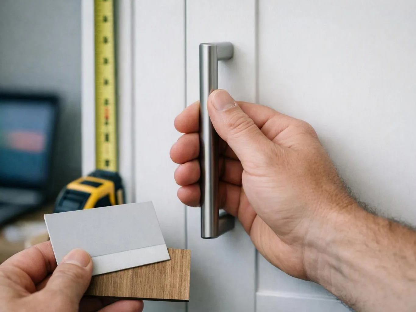 A hand holds a cabinet handle while another compares sample cards beside a measuring tape and blurred screen