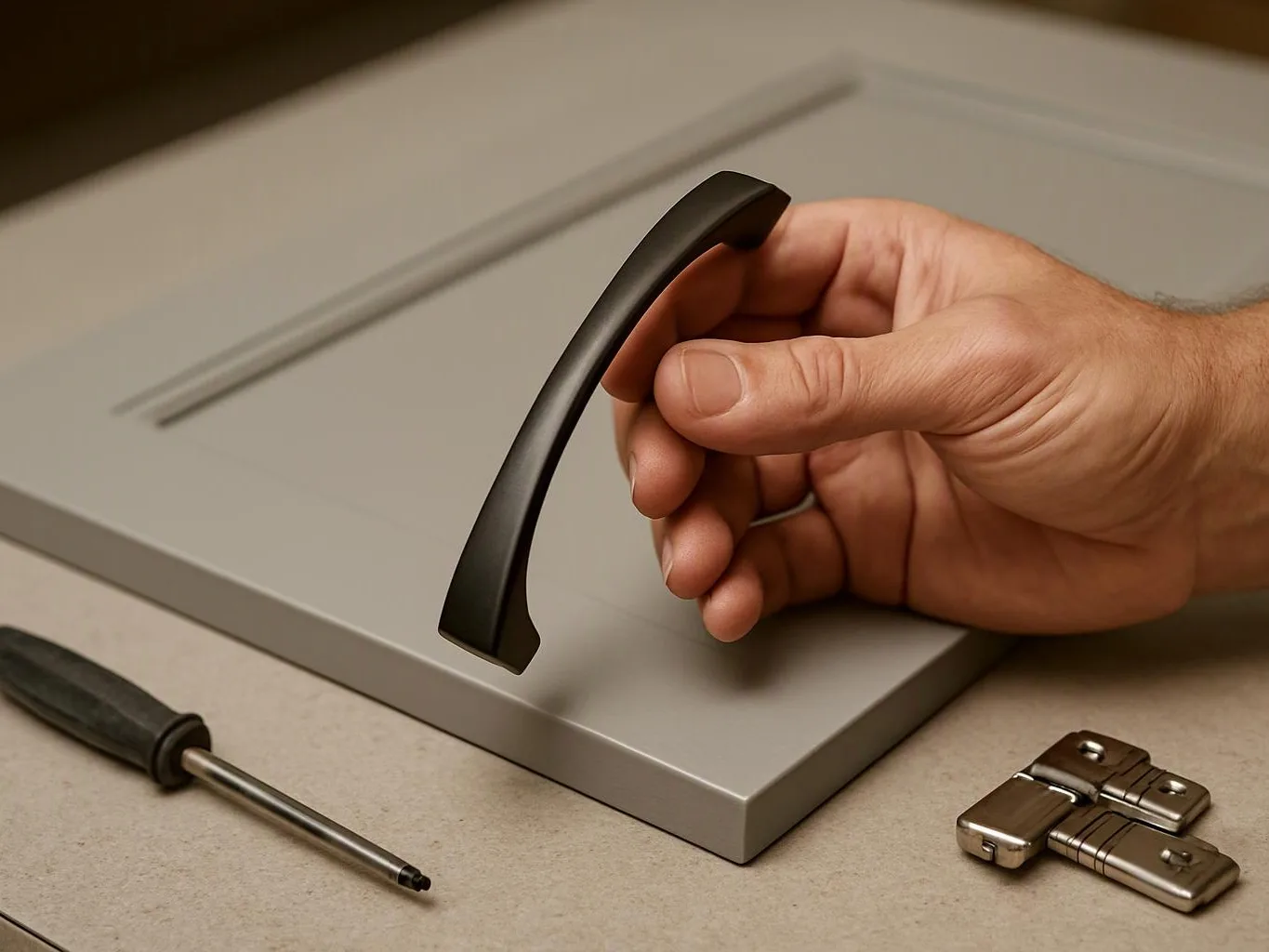A hand holds a curved black cabinet handle above a gray door panel with a screwdriver and hinge nearby