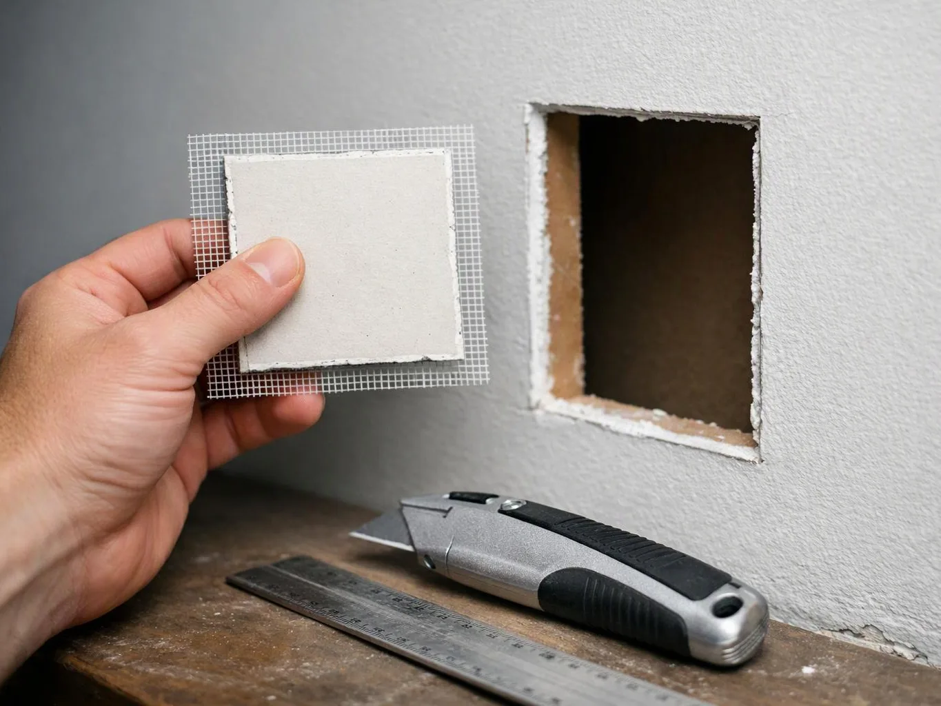 A hand holds a drywall patch beside a square wall cutout, with a utility knife and ruler on a work surface