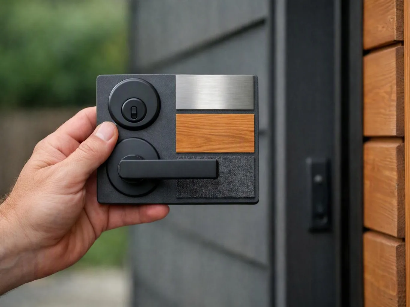 A hand holds a modern door hardware sample beside an exterior wall and entry door
