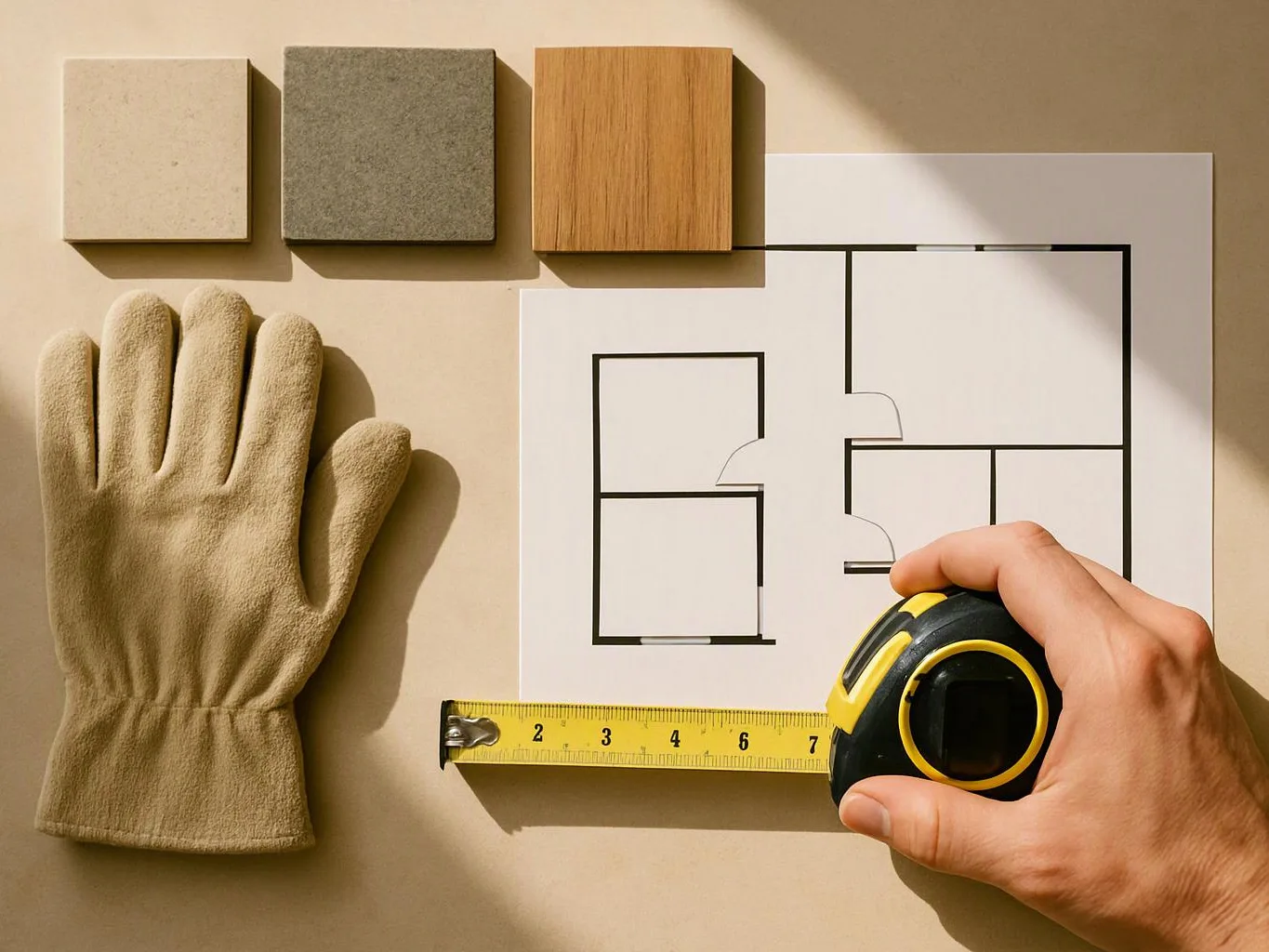 A hand holds a tape measure over a floor plan beside a work glove and three material samples on a beige surface
