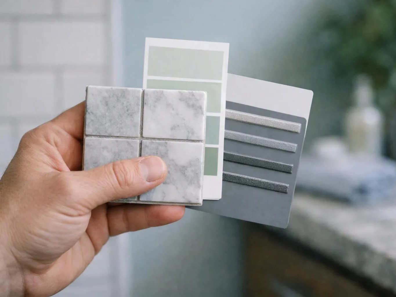 A hand holds tile samples and color swatches in front of a softly blurred room background