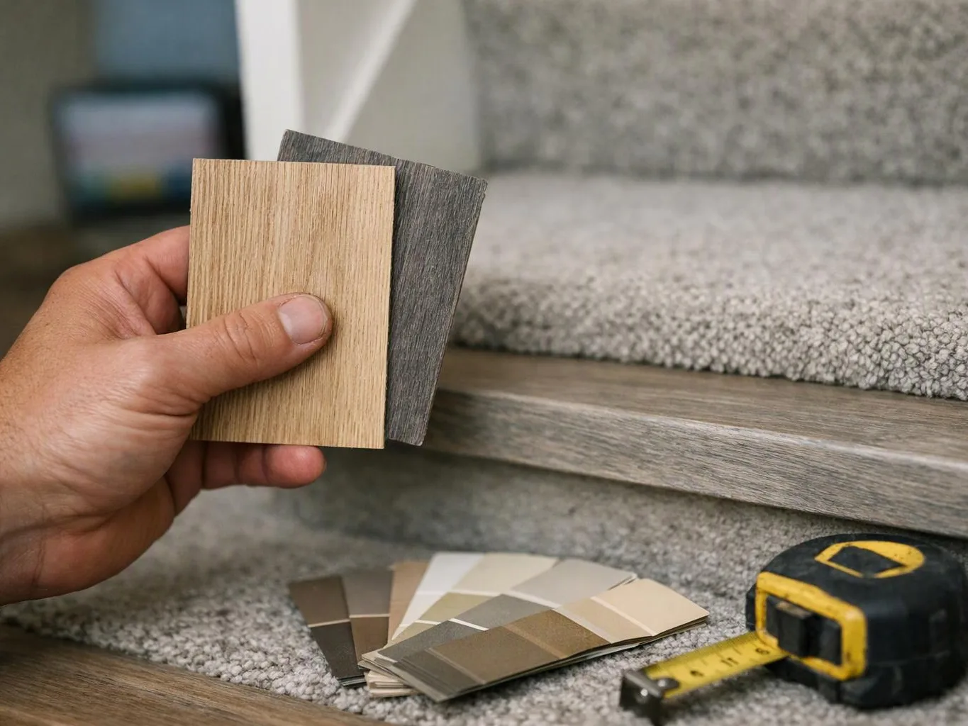 A hand holds two flooring samples beside carpeted stairs with color swatches and a tape measure nearby