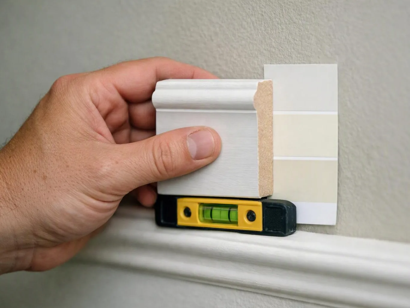 A hand holds white trim against a wall while a small level sits below it during measuring