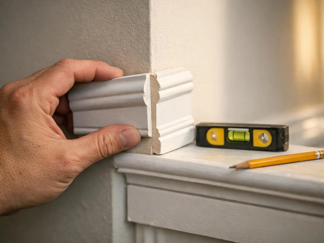 A hand holds white trim molding against a wall corner beside a level and pencil on a ledge