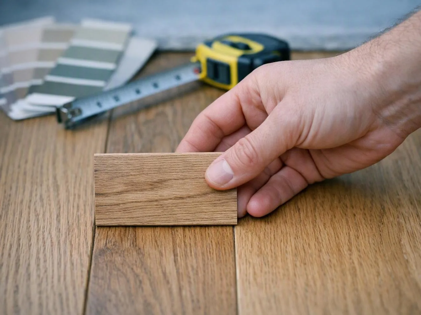 A hand holds a wood floor sample over matching planks beside a tape measure and color swatches