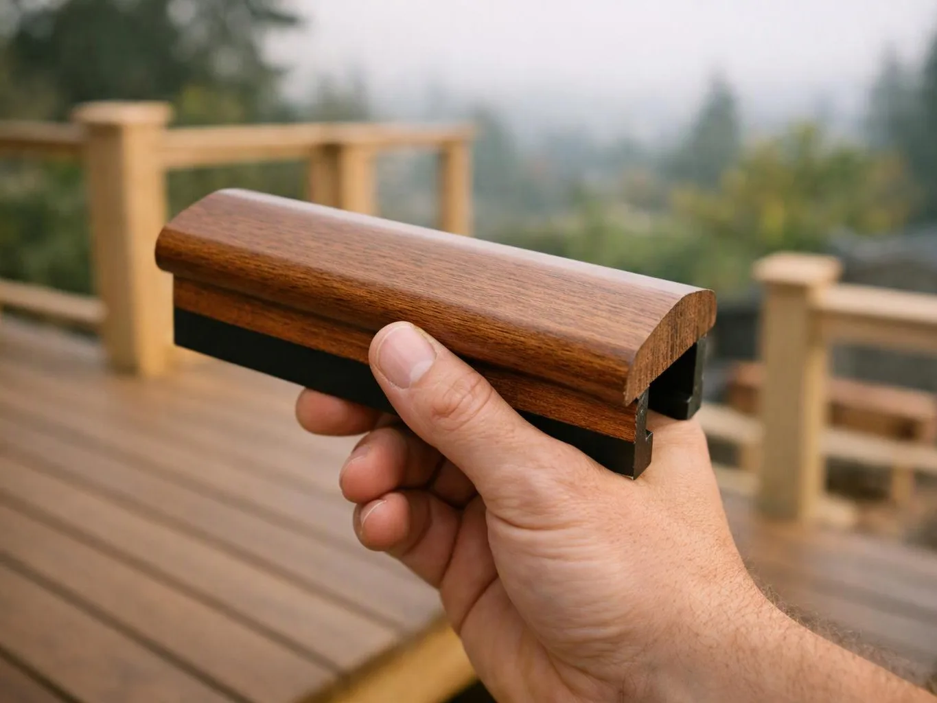 A hand holds a wood-grain railing piece over an outdoor deck with blurred trees behind it