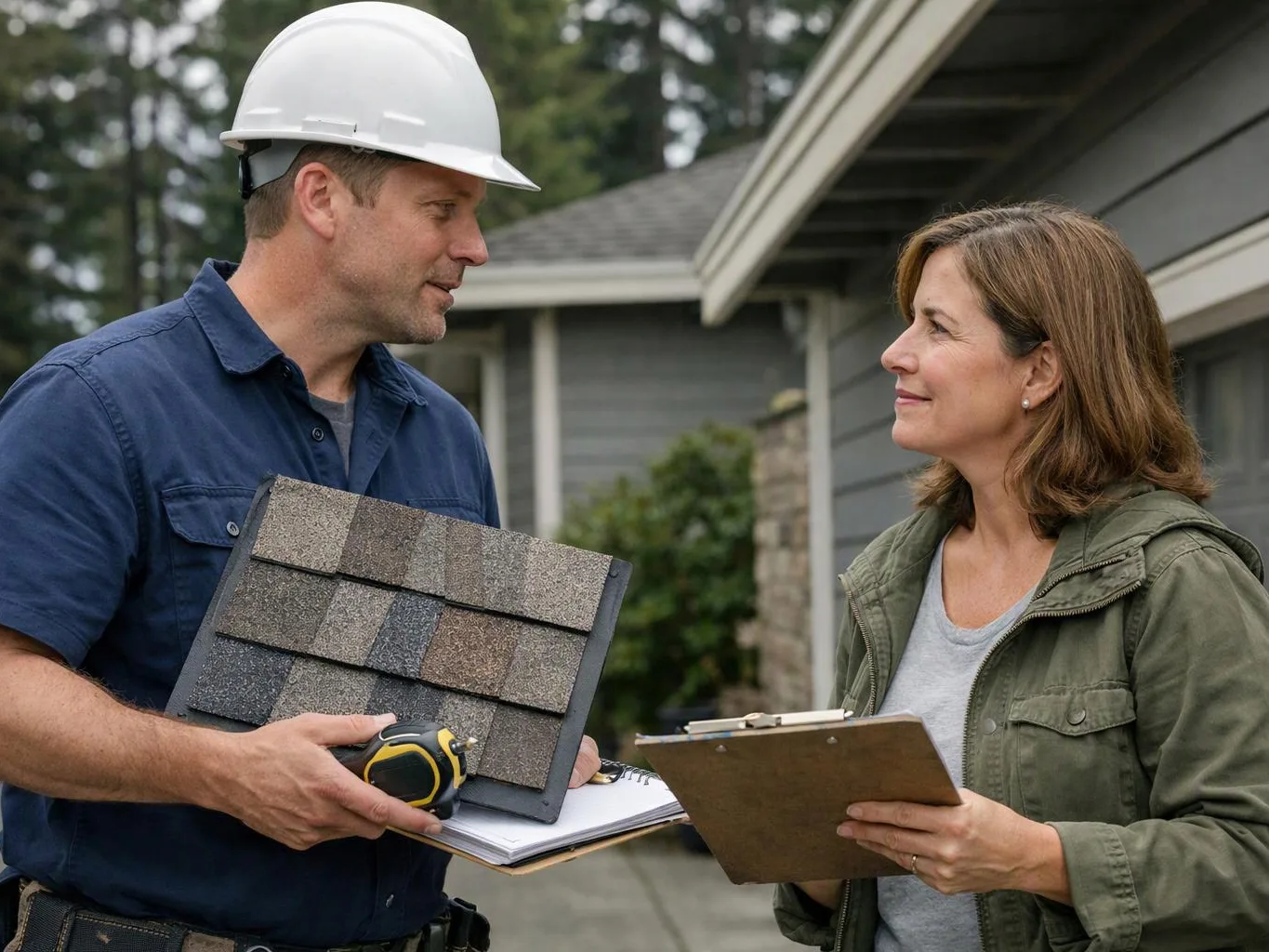 A hard-hat worker shows roof shingle samples to a woman holding a clipboard outside a house