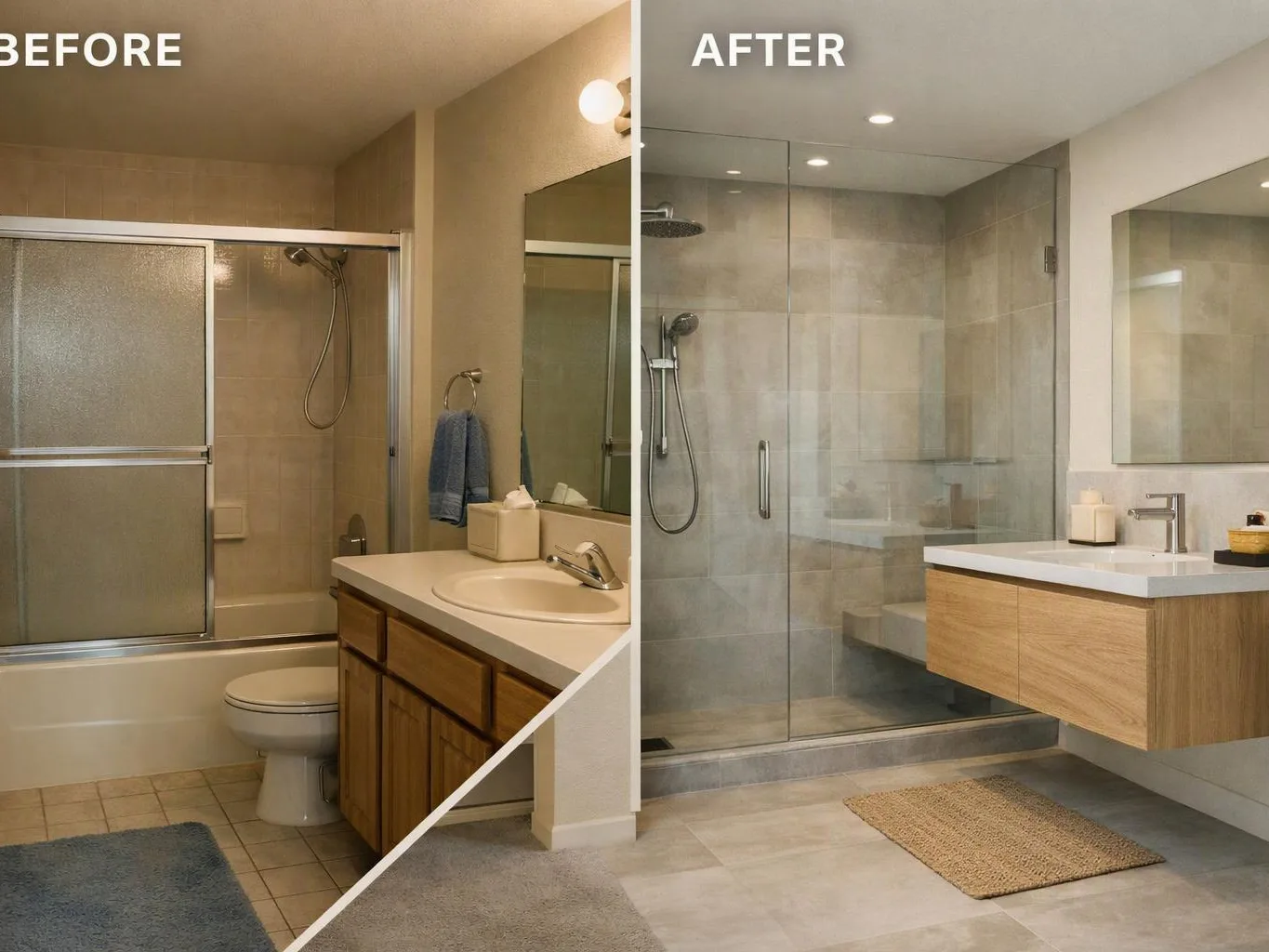 Split before-and-after bathroom showing an older tub shower and a modern glass shower with floating vanity
