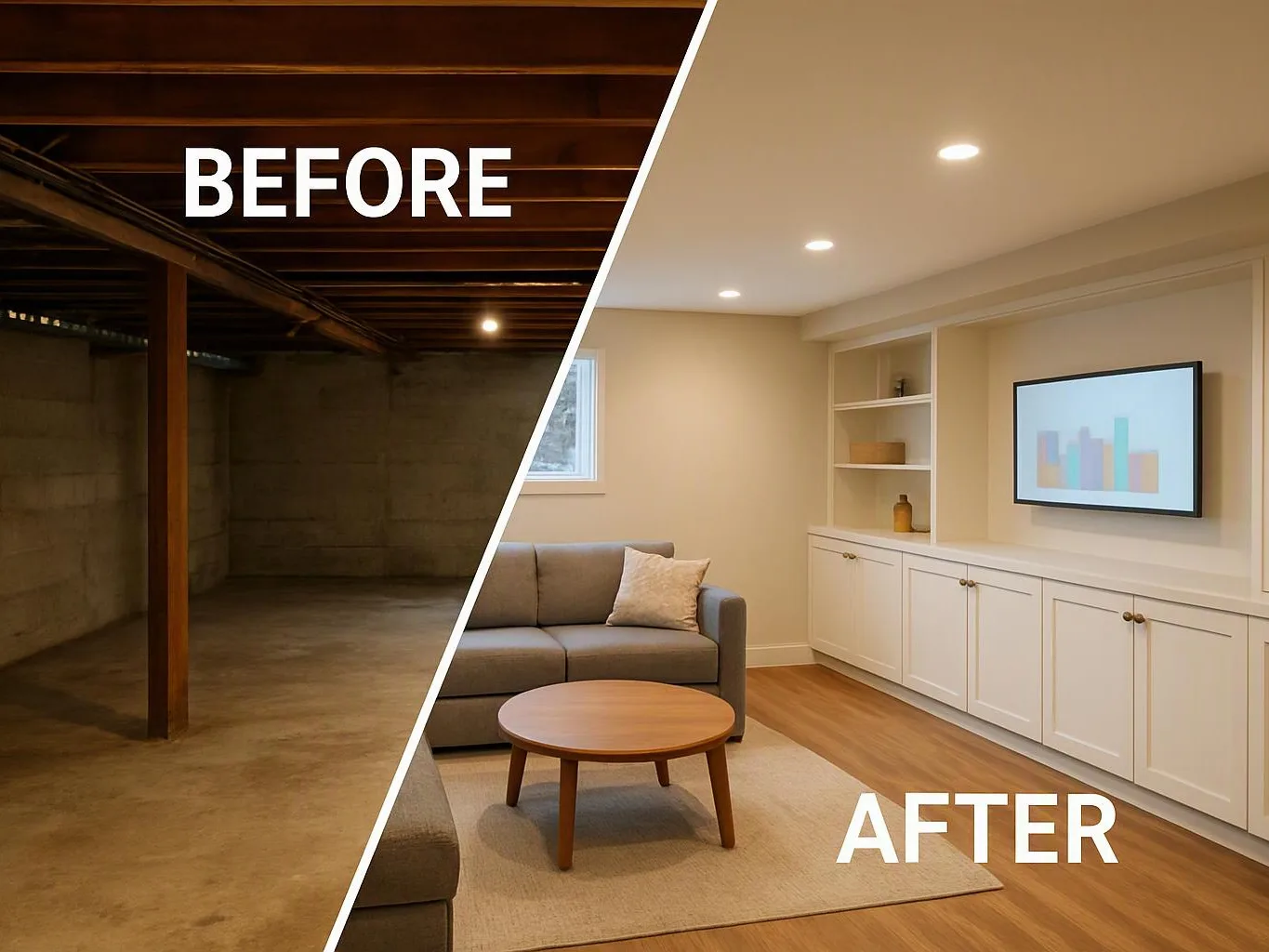 Split image shows a bare basement labeled before and a finished living room labeled after