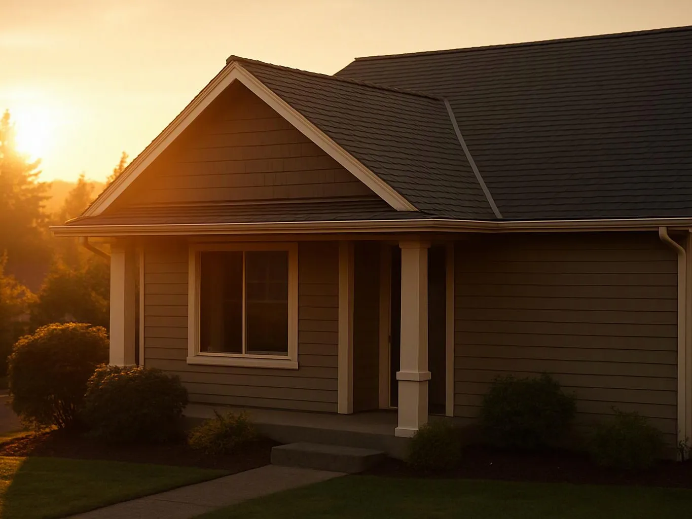 A house exterior glows in warm sunset light, with a front porch, window, and dark shingled roof