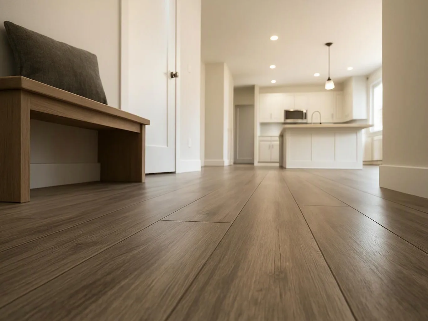 Low-angle view of a bright empty apartment with wood flooring, a bench, and a white kitchen