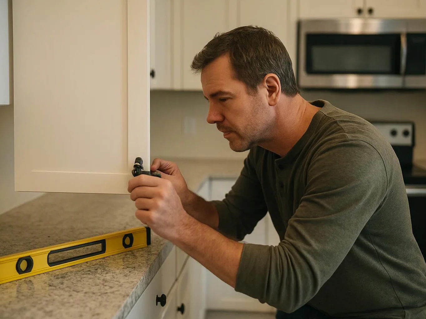 A man adjusts a cabinet hinge in a bright kitchen, with a yellow level resting on the countertop