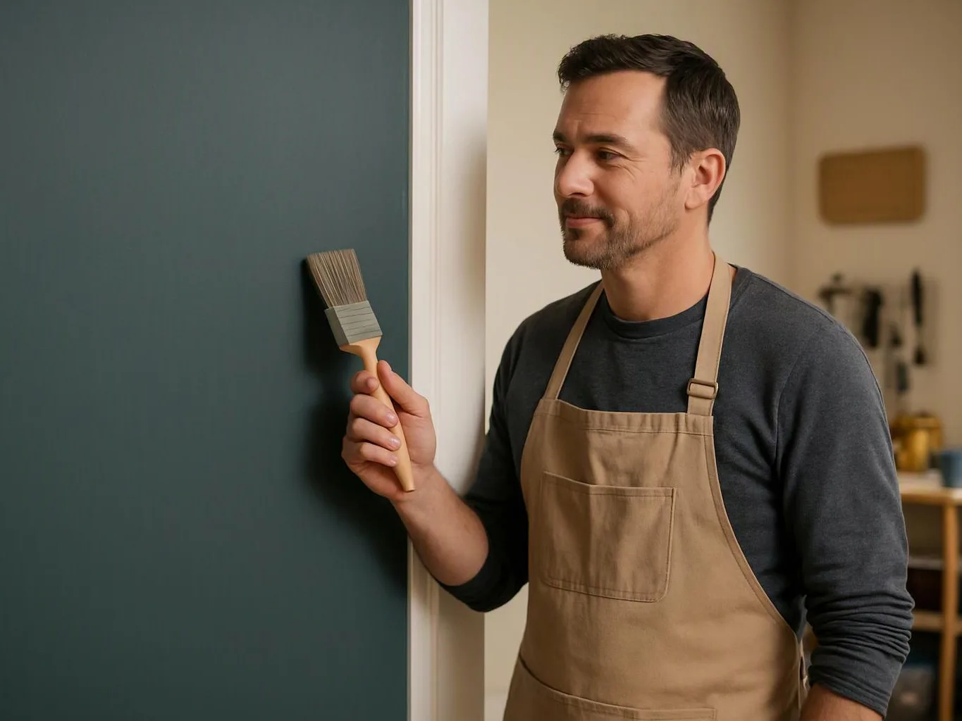 A man in an apron holds a paintbrush against a dark wall inside a home