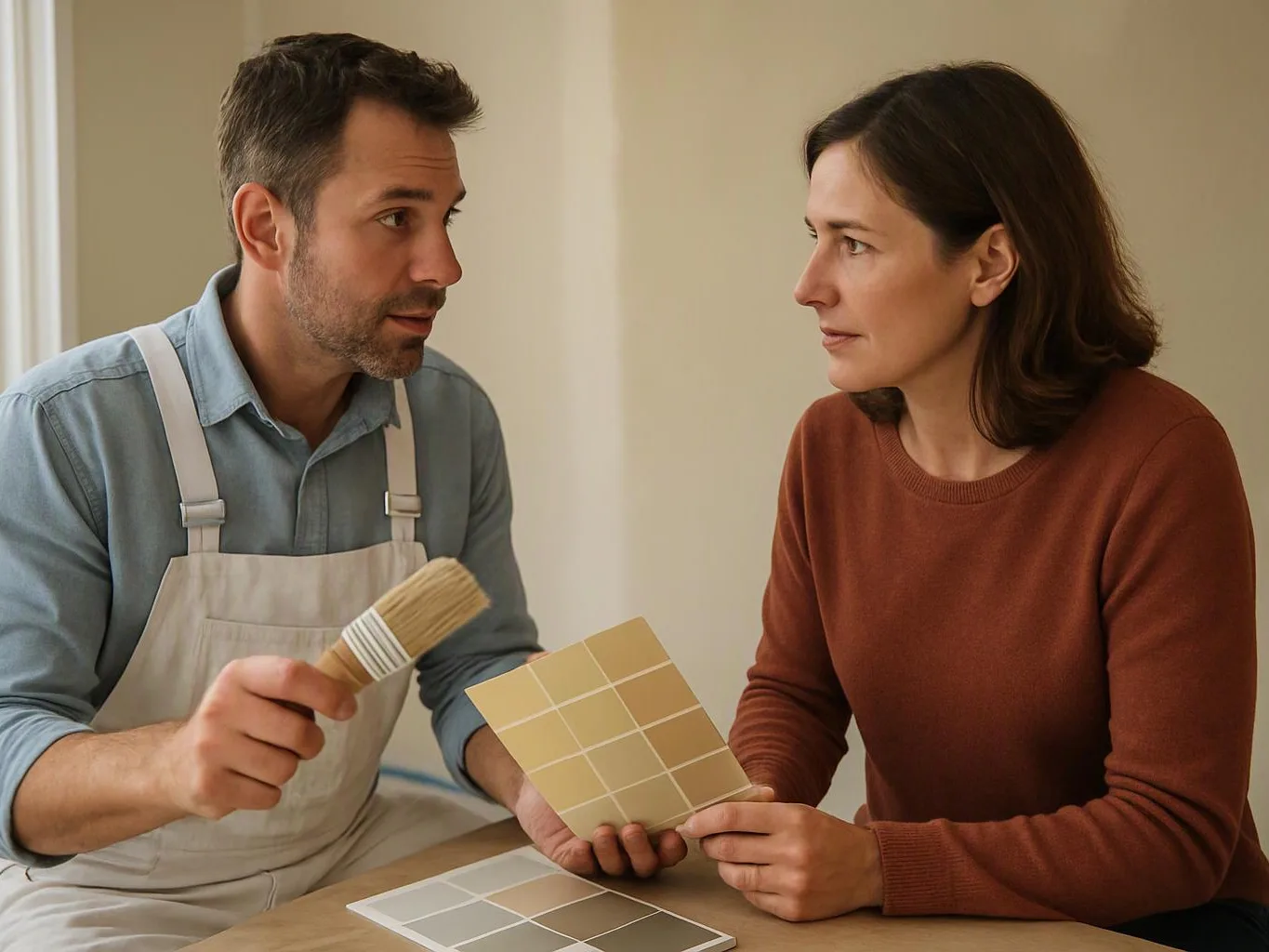 A man in an apron shows a paintbrush and color swatches to a woman at a table indoors