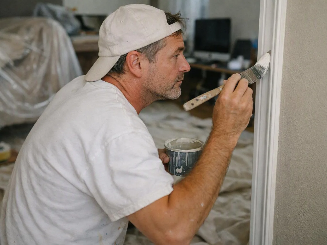A man in a backward cap paints a door frame with a brush inside a covered room