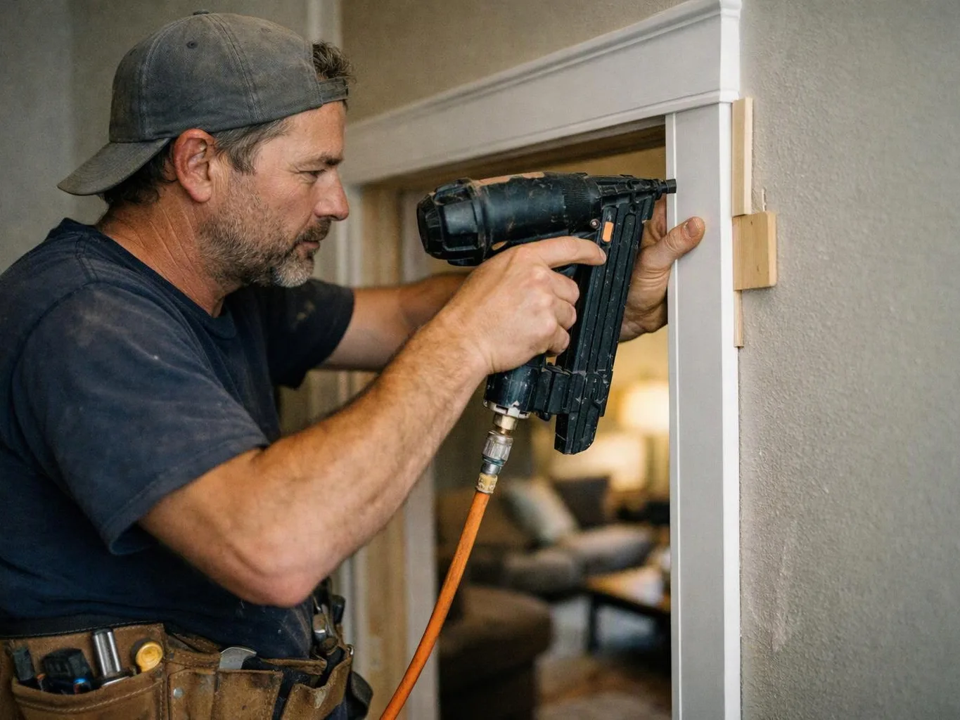 A man in a backward cap uses a nail gun to fasten white trim inside a home