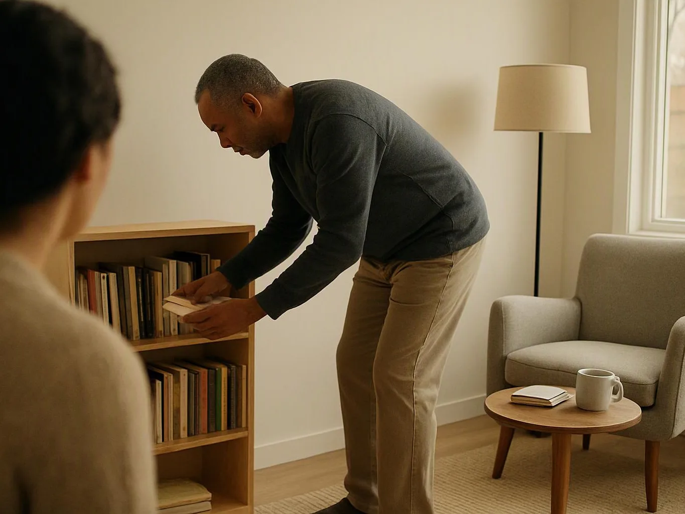A man bends to place a book on a shelf in a bright living room