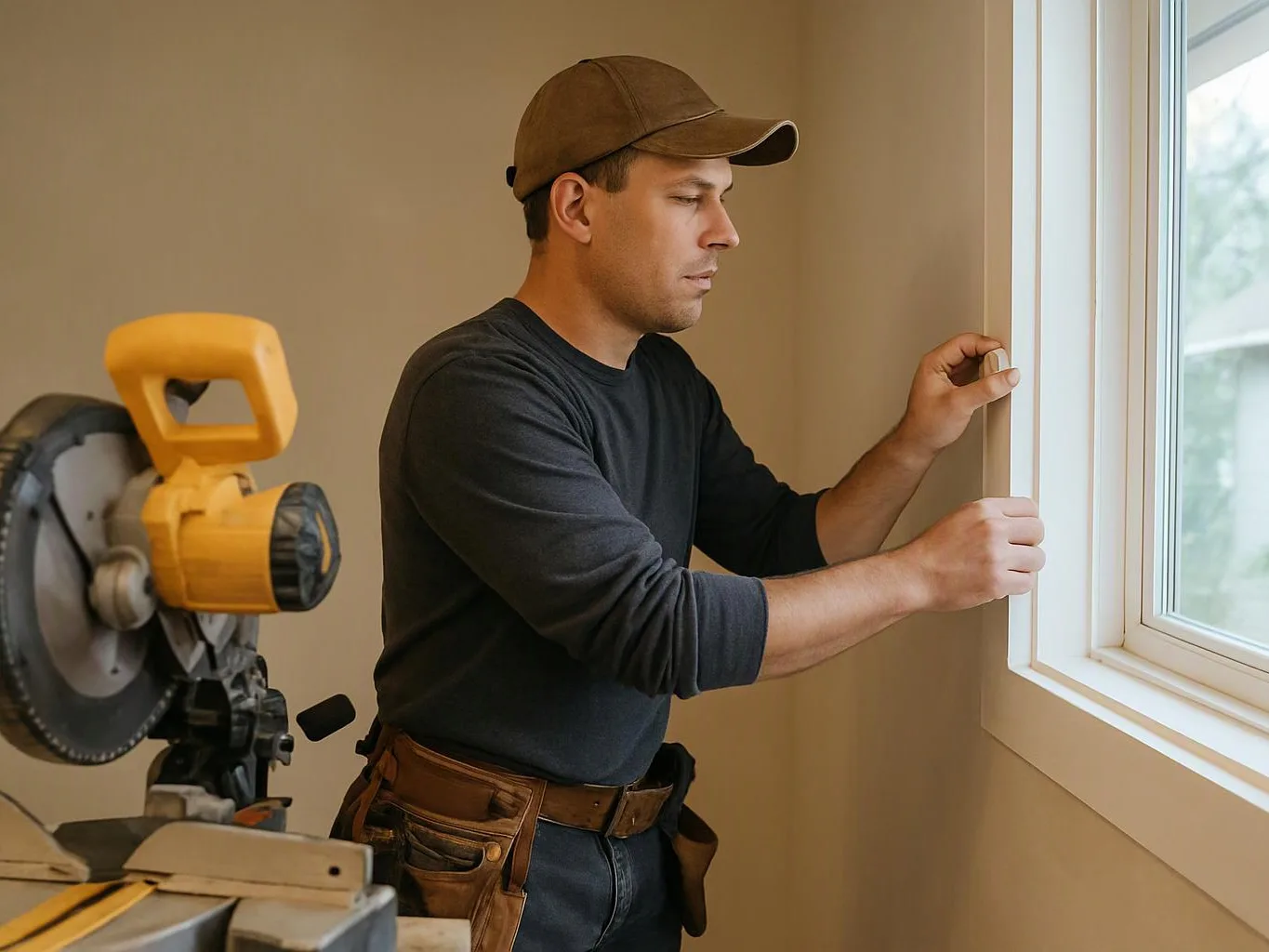 A man in a cap adjusts a window frame beside a yellow miter saw in a room under construction