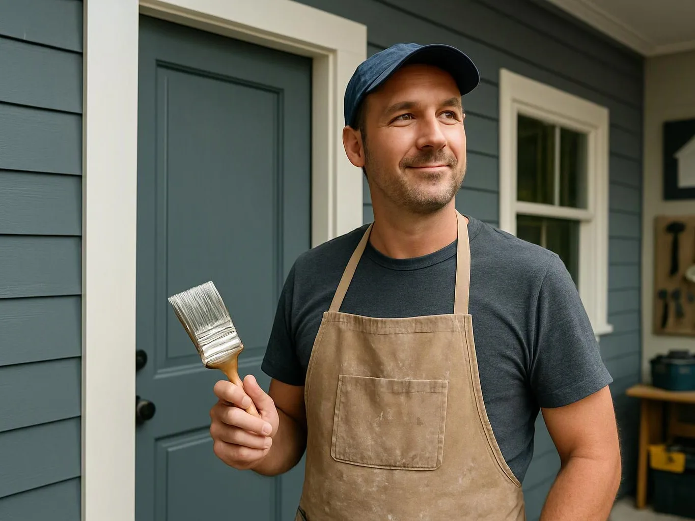 A man in a cap and apron holds a paintbrush beside a blue house door