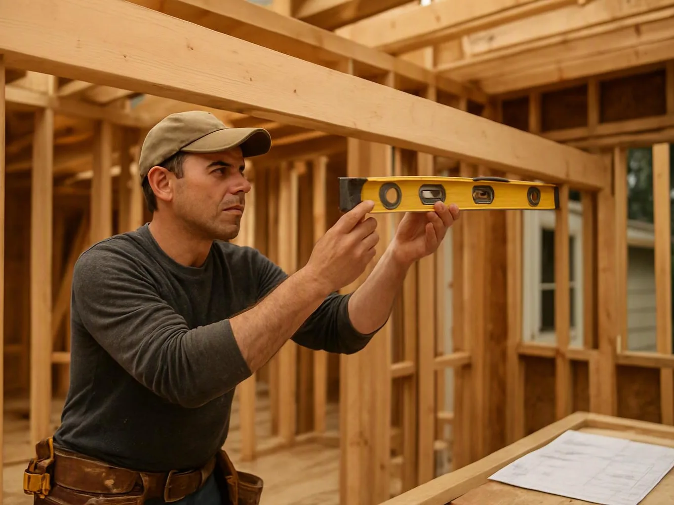 A man in a cap checks a yellow spirit level inside a wooden house frame