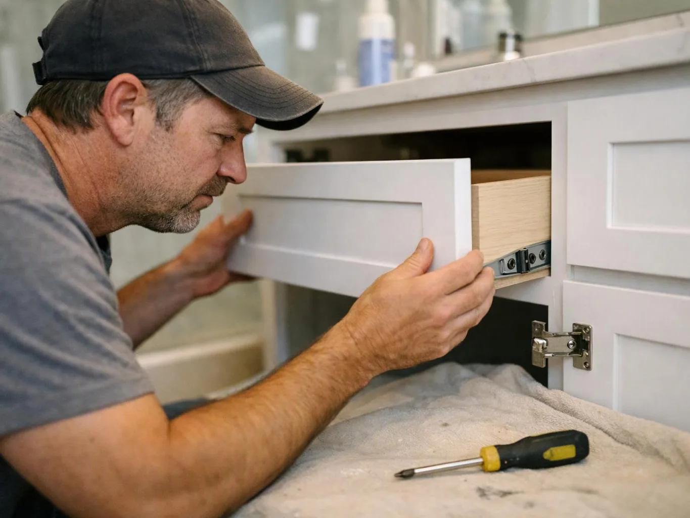 A man in a cap fits a white cabinet drawer into place beside a screwdriver in a bathroom-like setting