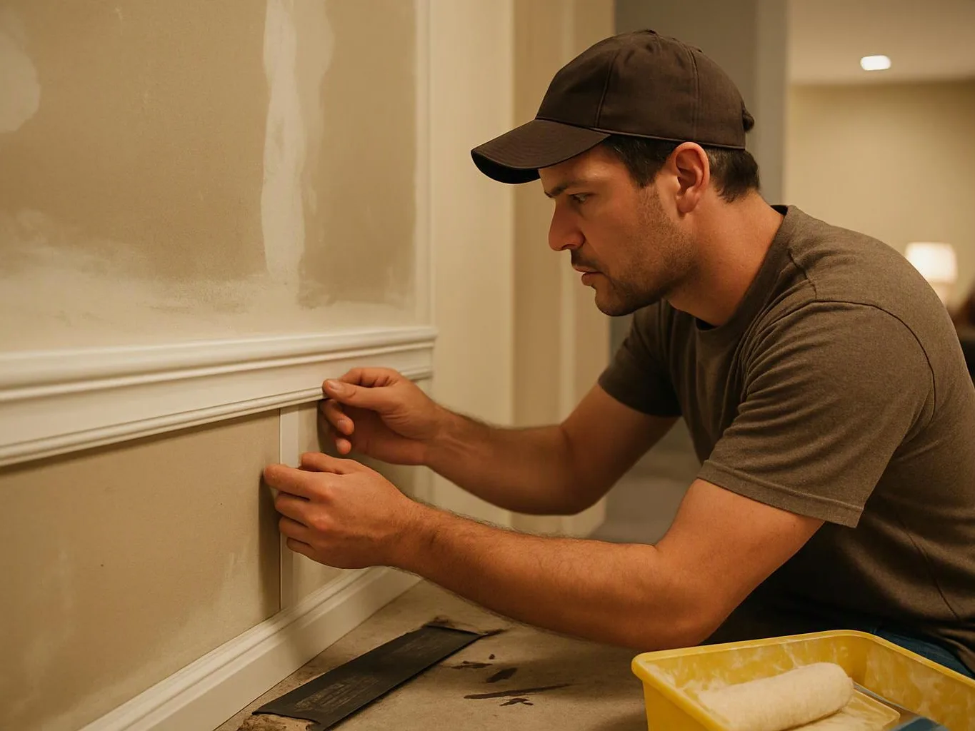 A man in a cap installs white trim on a beige wall inside a room under renovation