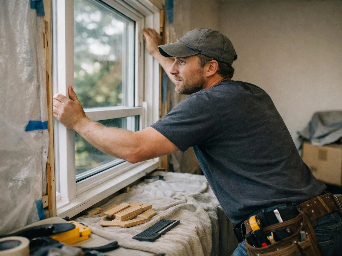 A man in a cap installs a window frame inside a partially renovated room