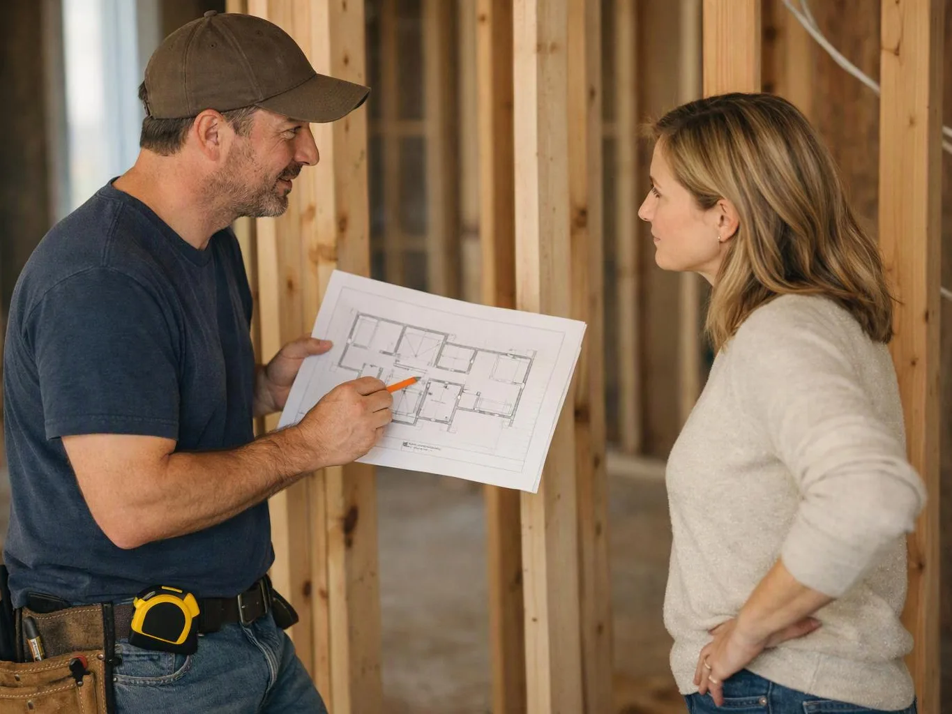 A man in a cap points at a house plan while talking to a woman inside a framed building under construction