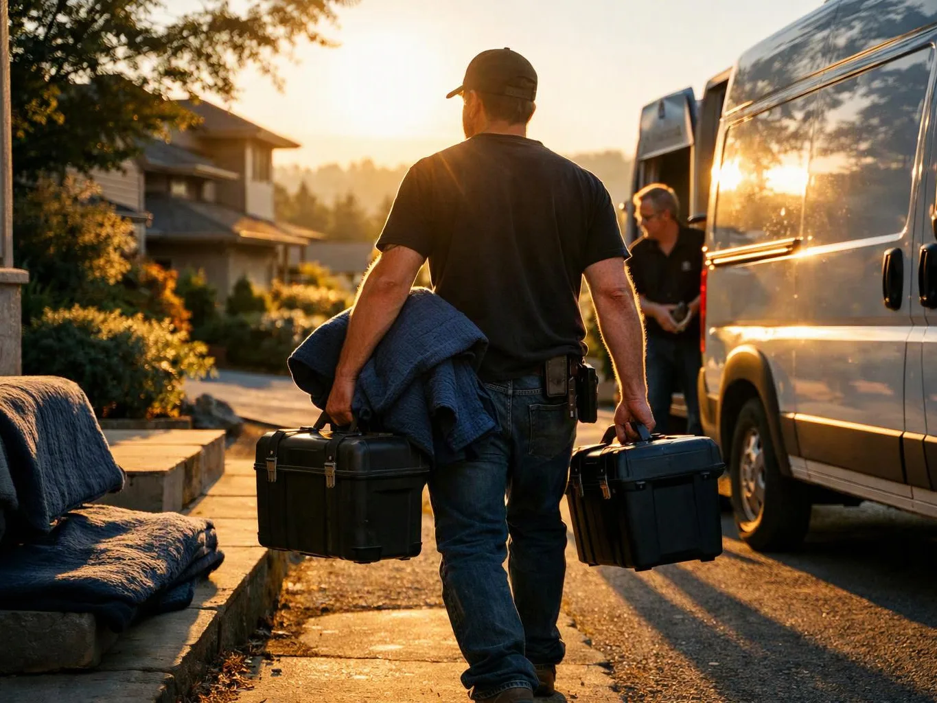A man carries two black cases and a folded blanket beside a white van on a sunny street