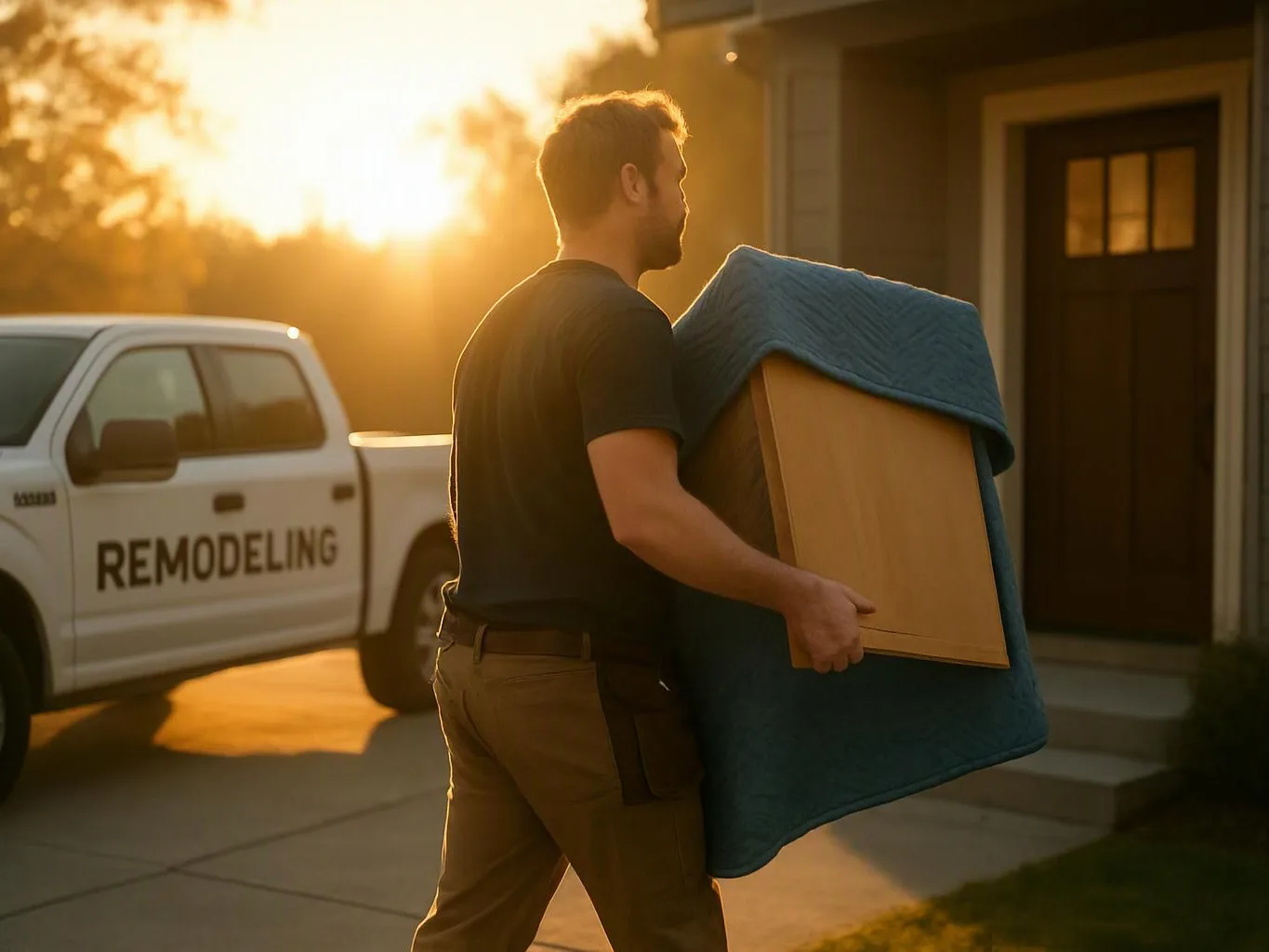 A man carries a wrapped cabinet toward a house beside a remodeling pickup truck at sunset