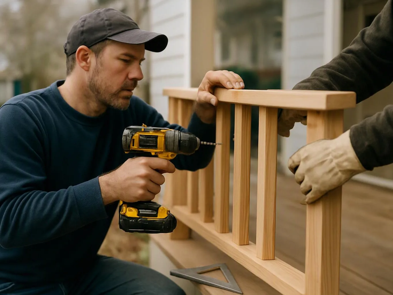 A man drills a wooden railing while another person holds it steady on a porch
