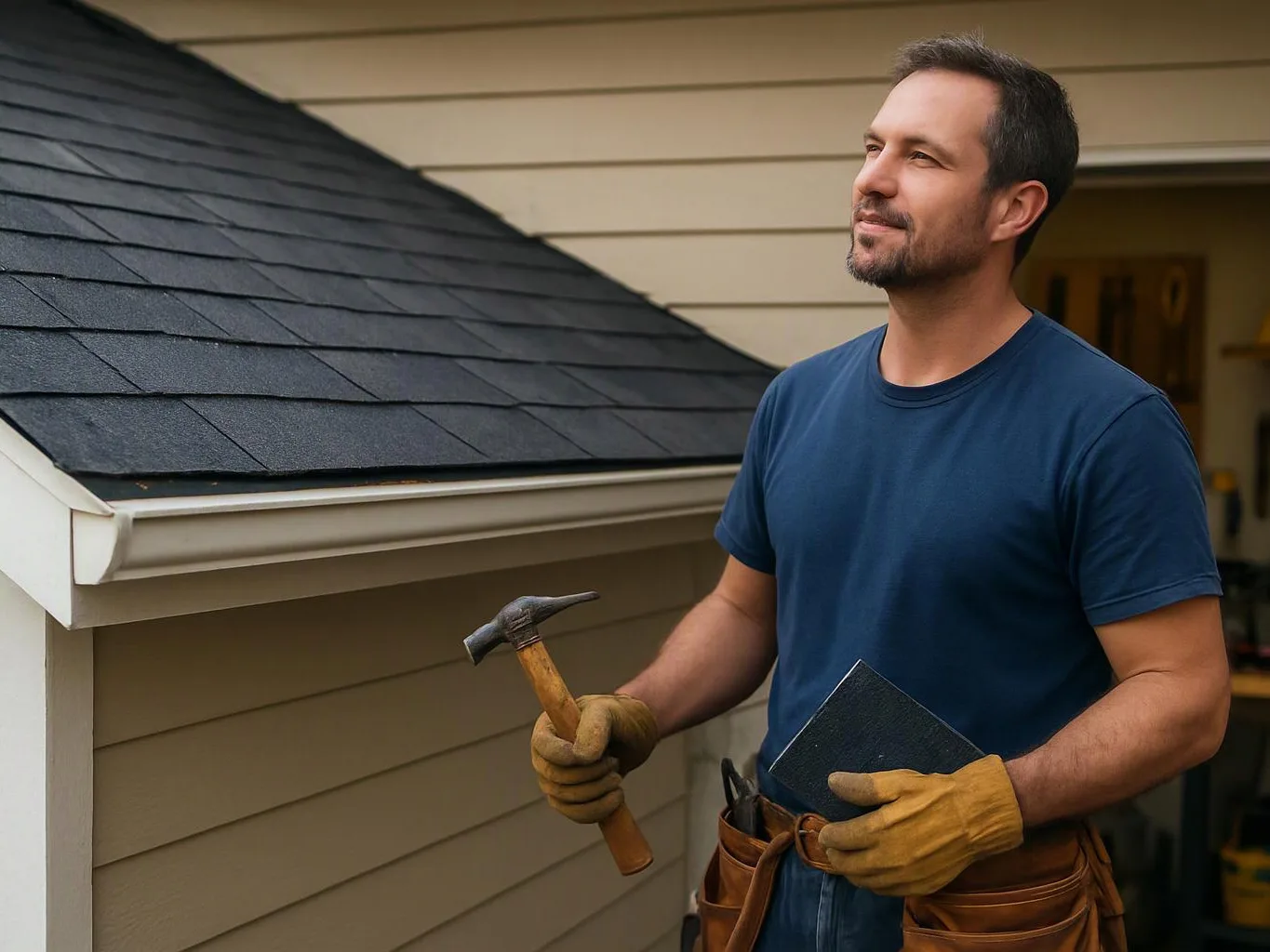 A man in gloves holds a hammer and roofing shingle beside a house roof and gutter
