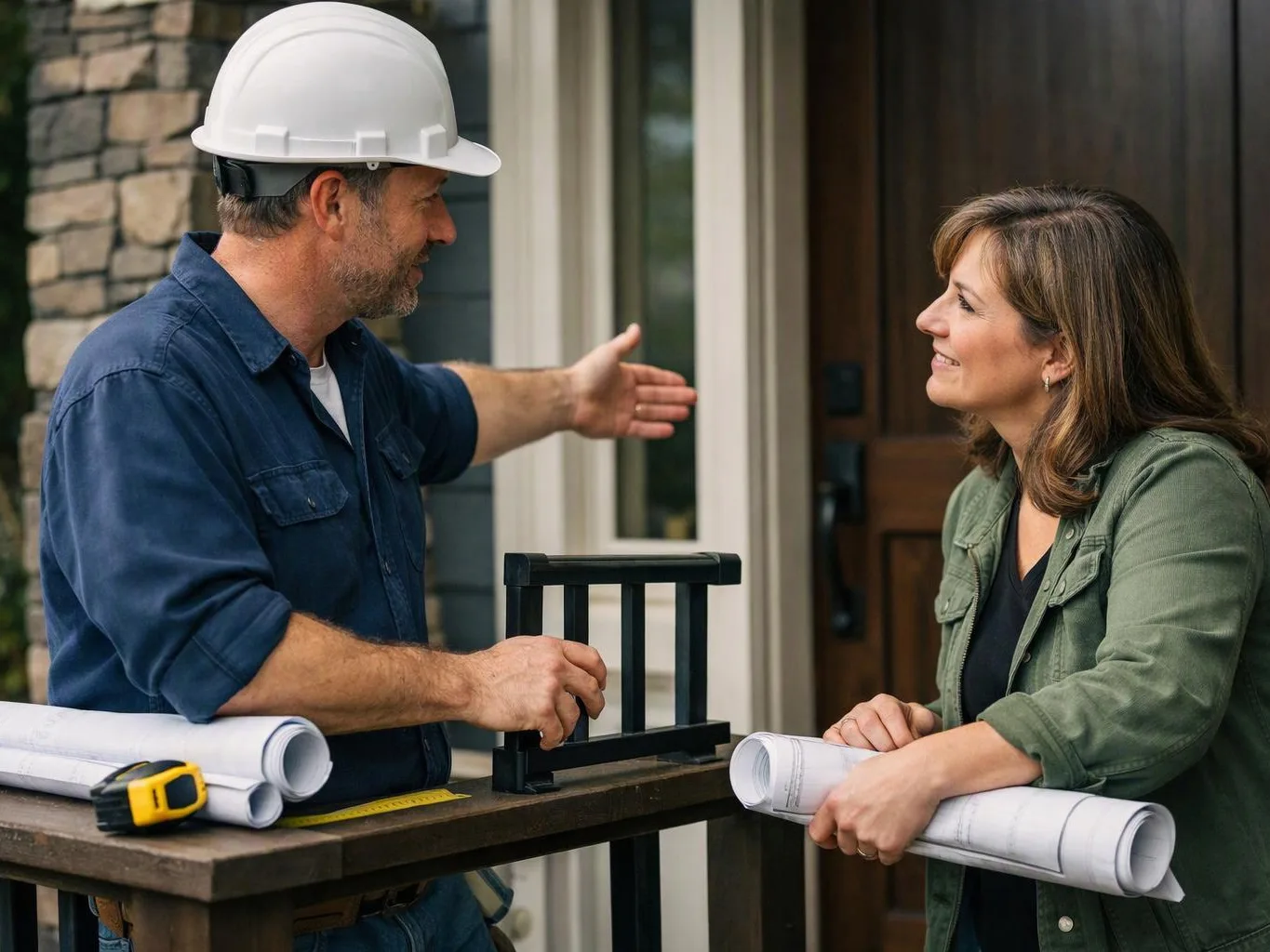 A man in a hard hat gestures beside blueprints while a woman holds rolled plans on a porch