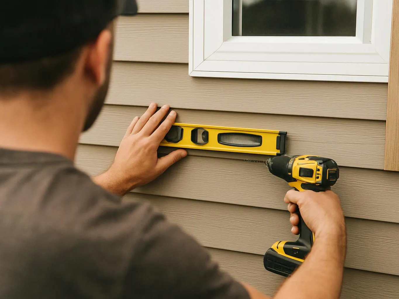 A man holds a level and drills into beige siding beside a white window frame