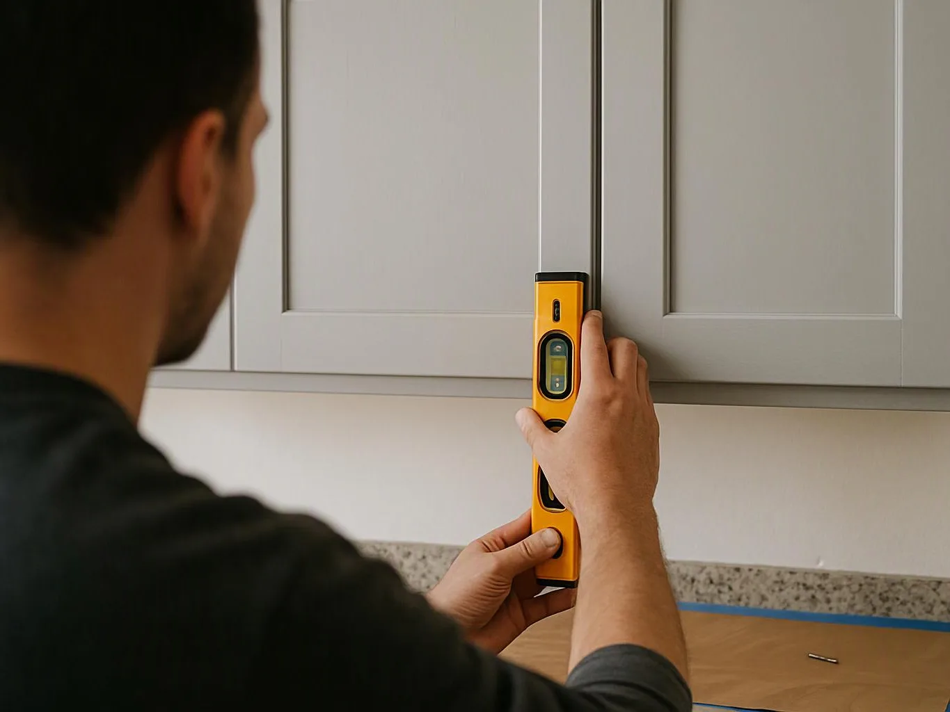 A man holds a yellow level against a cabinet door in a kitchen under installation