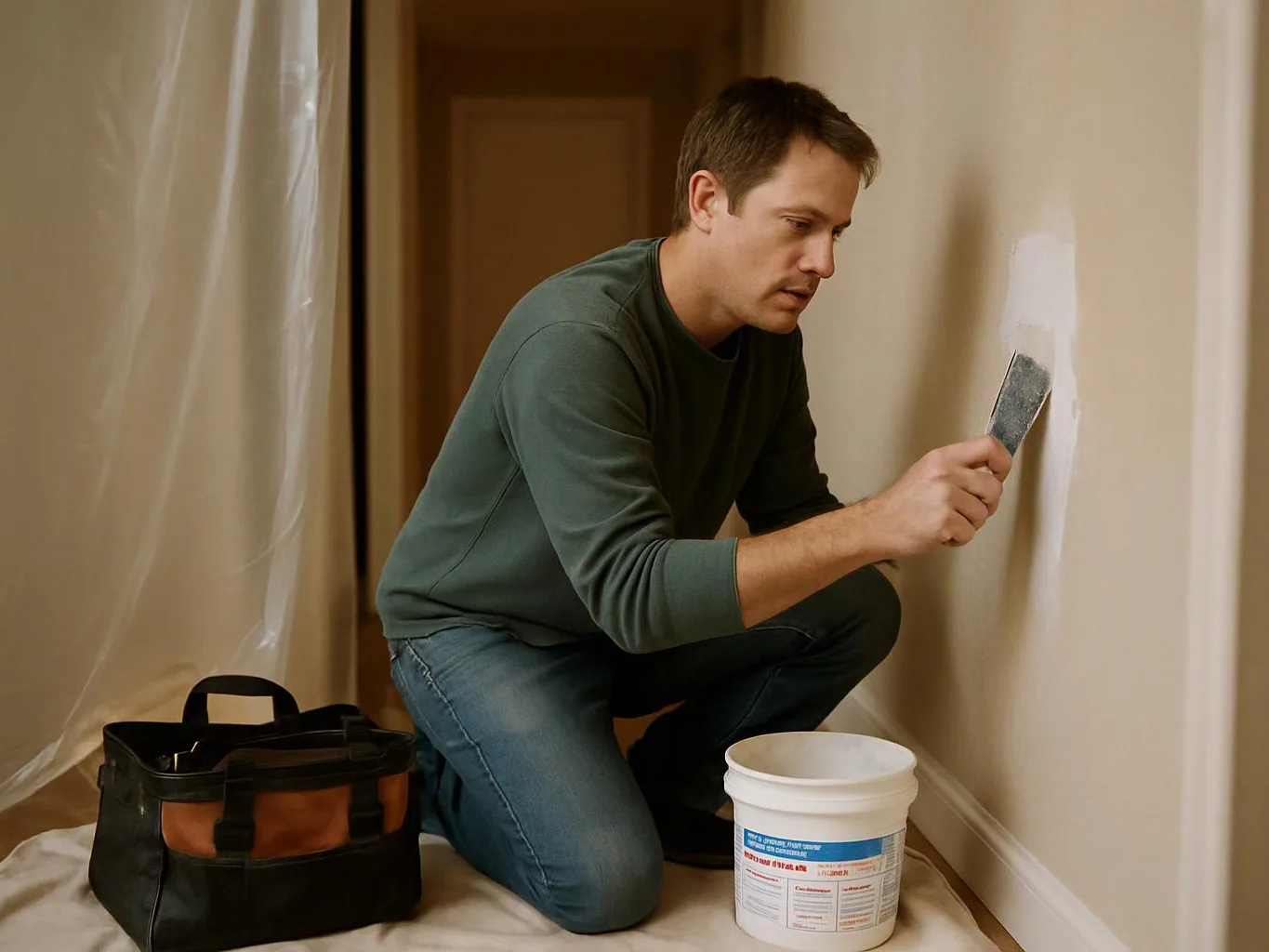 A man kneels beside a wall, applying white paint with a putty knife in a room under renovation