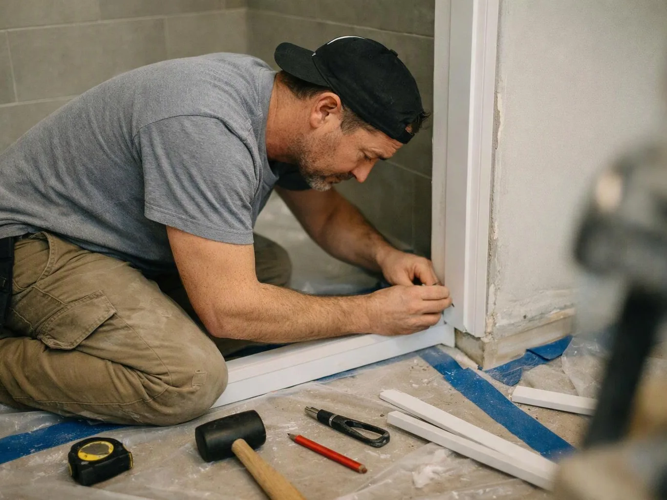 A man kneels on a covered floor, fitting trim around a doorway with tools beside him