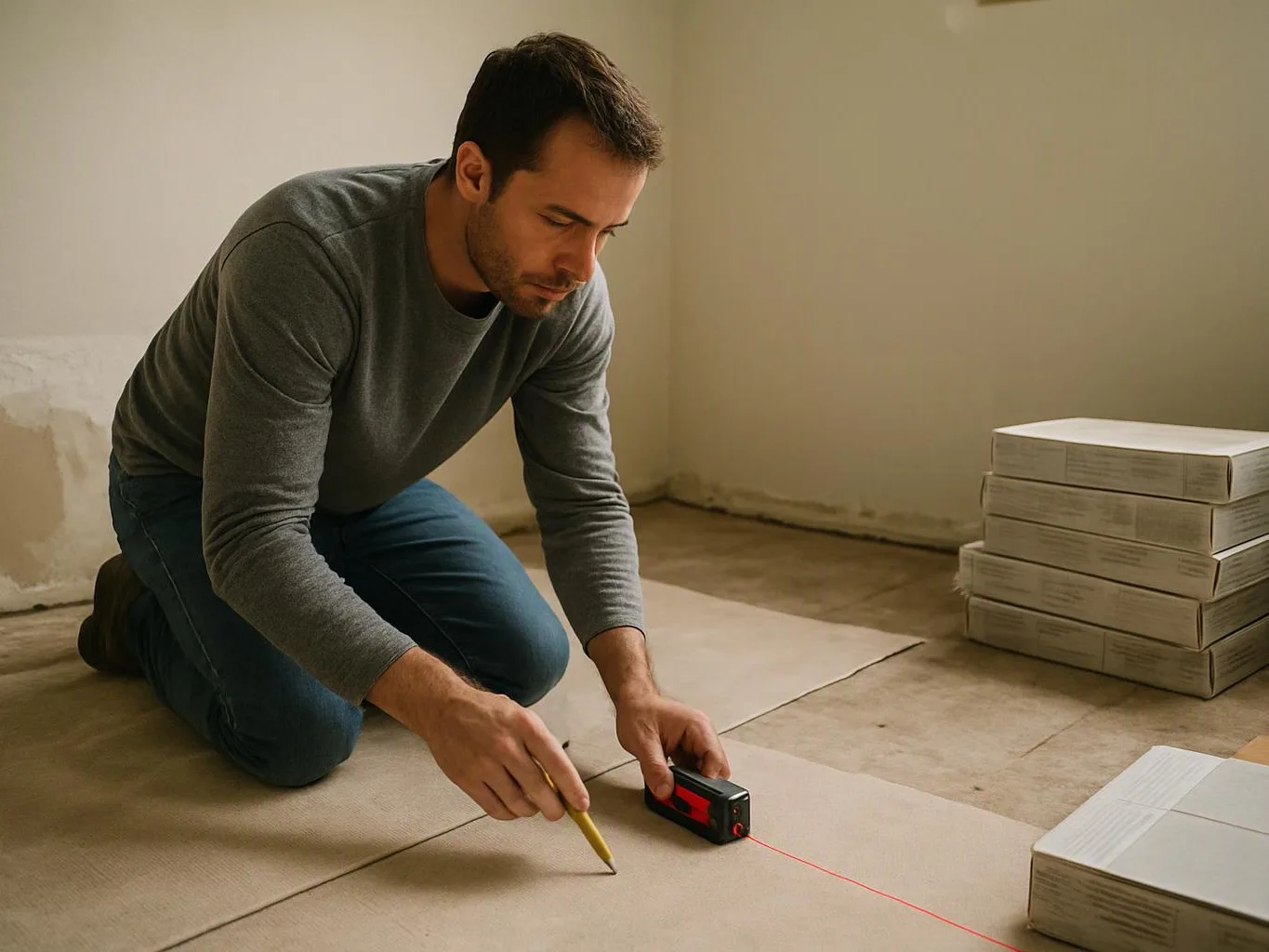 A man kneels on the floor, measuring and marking a panel with a laser level in a bare room