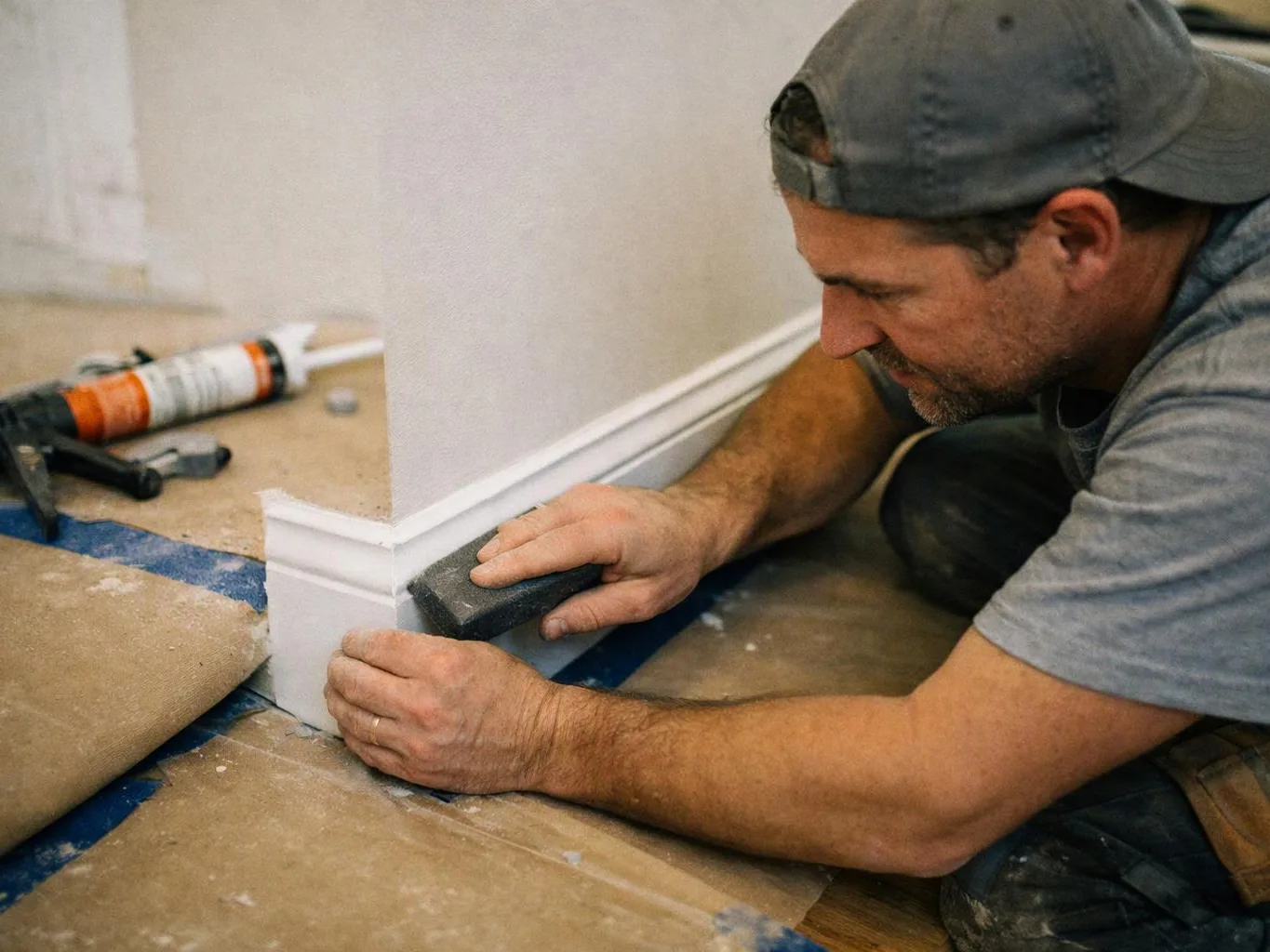 A man kneels on a floor, sanding white baseboard trim with a block in a room under renovation