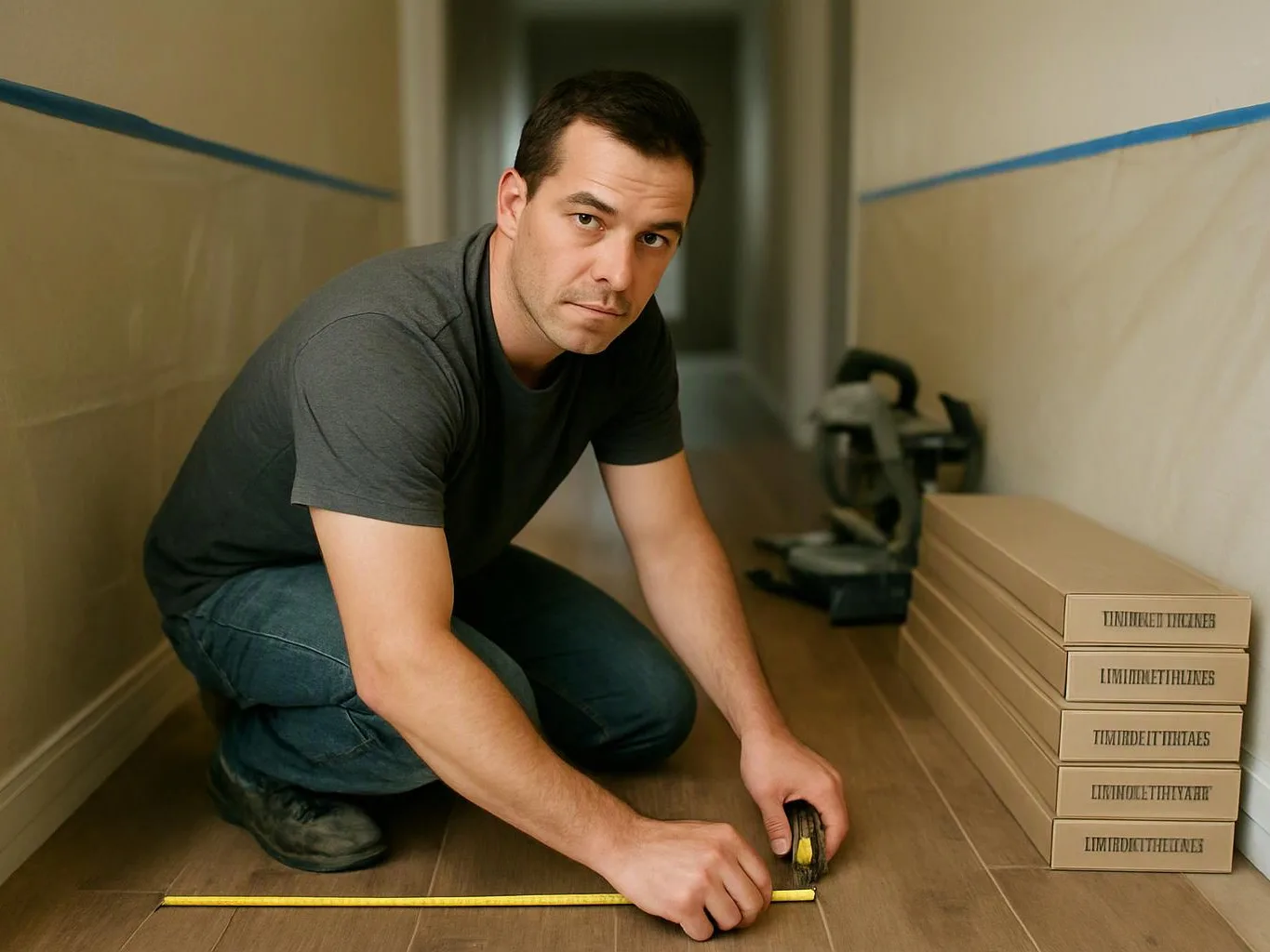A man kneels on a hallway floor beside stacked boxes, measuring the floor with a tape measure