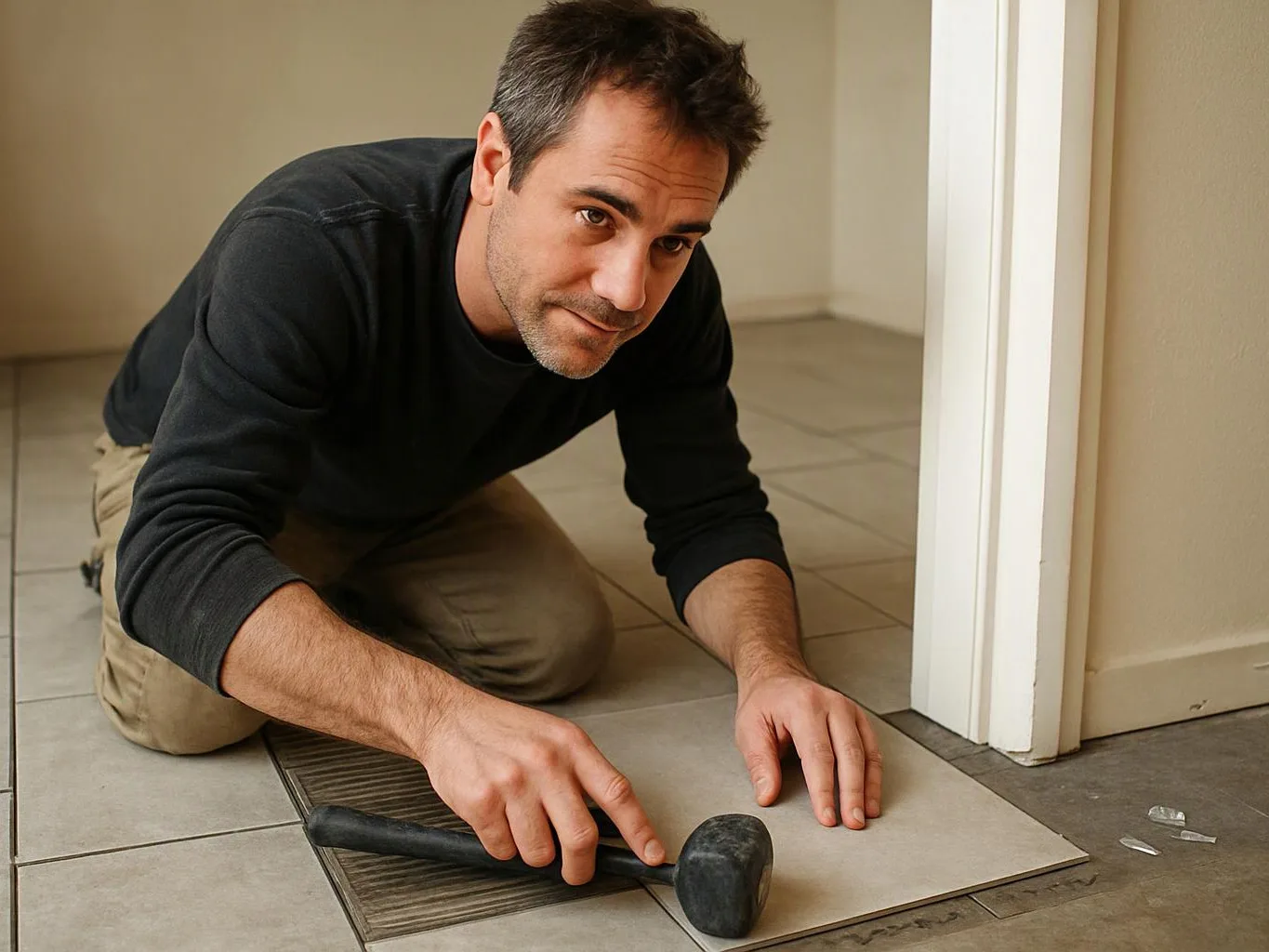 A man kneels on tiled floor, adjusting a large tile with a rubber mallet beside a doorway